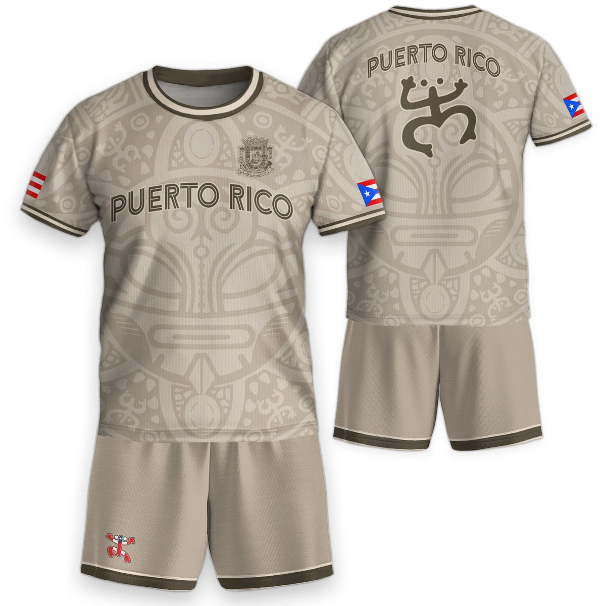 Kids Puerto Rico Soccer Jersey for Boy and Girl, Beige Gold Boricua Taino Mask, Youth Soccer Jersey Meets Puerto Rico Kids Soccer Jersey, Northryn Co.