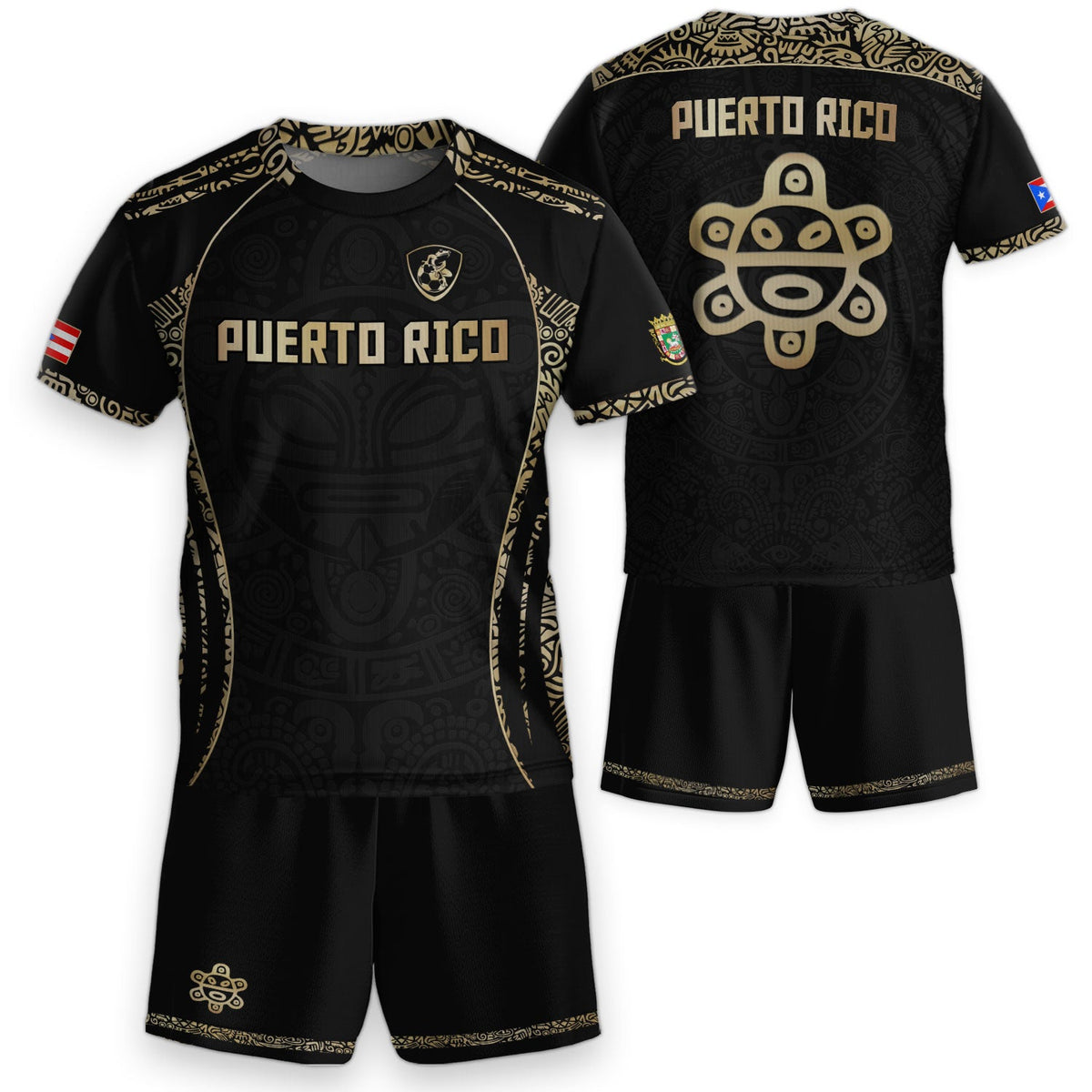 Kids Puerto Rico Soccer Jersey, Black Gold Boricua Taino Sun Mask for Boy and Girl, Youth Soccer Jersey, Puerto Rico Kids Soccer Jersey, Northryn Co.