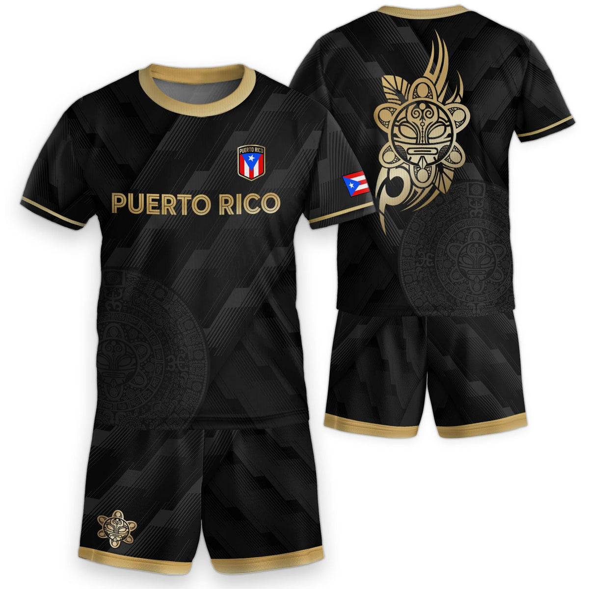 Kids Puerto Rico Soccer Jersey, Black Gold Modern Pattern Taino for Boy and Girl, Youth Soccer Jersey and Puerto Rico Kids Soccer Jersey, Northryn Co.