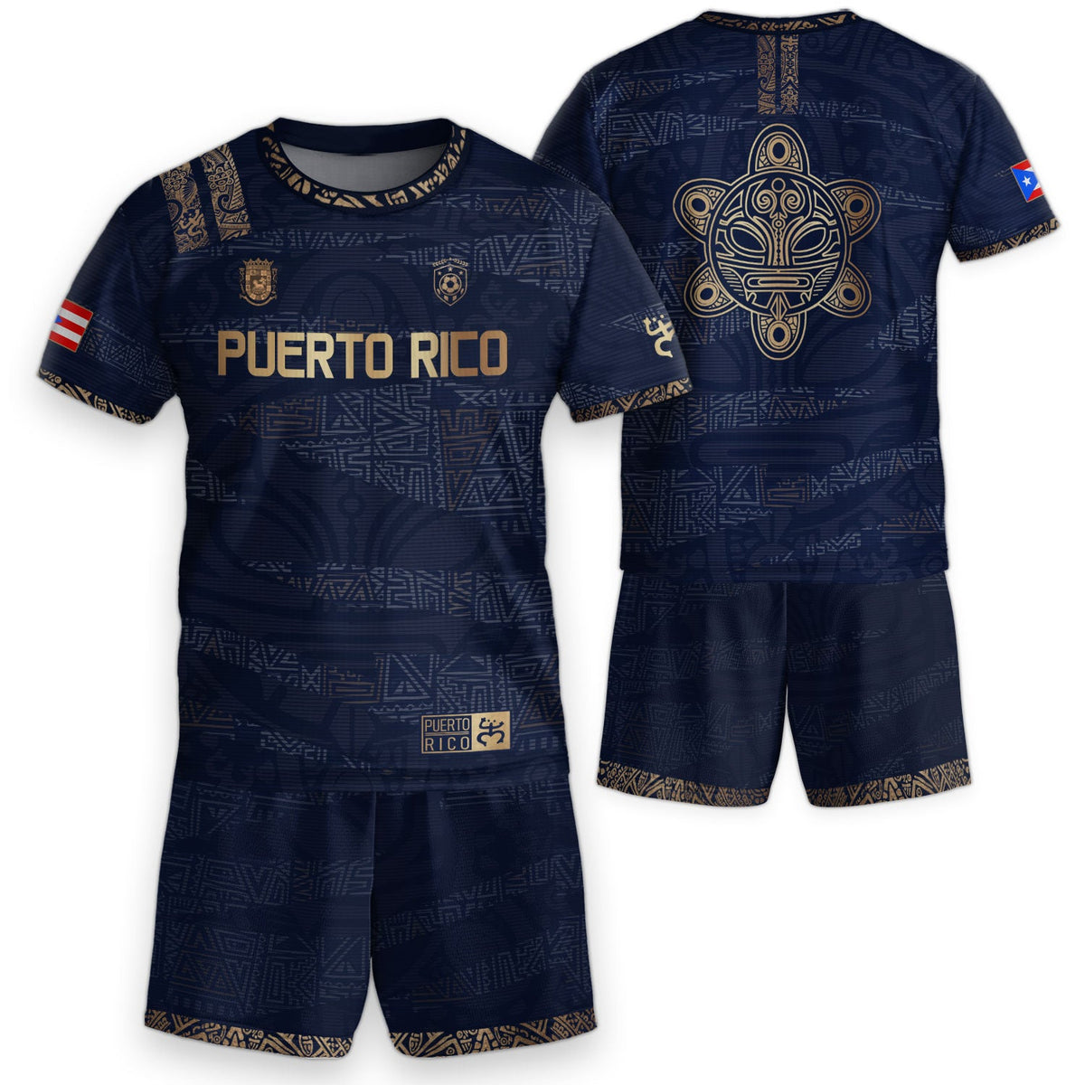 Kids Puerto Rico Soccer Jersey for Boy and Girl, Navy Gold Taino Tribal Pattern, Youth Soccer Jersey with Puerto Rico Kids Soccer Jersey, Northryn Co.