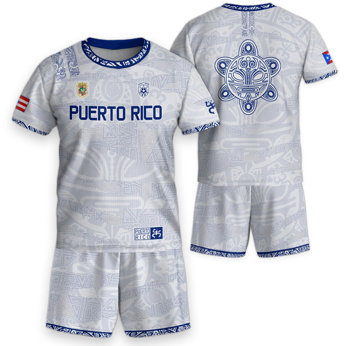 Kids Puerto Rico Soccer Jersey, White Blue Taino Tribal Pattern for Boy and Girl, Youth Soccer Jersey and Puerto Rico Kids Soccer Jersey, Northryn Co.
