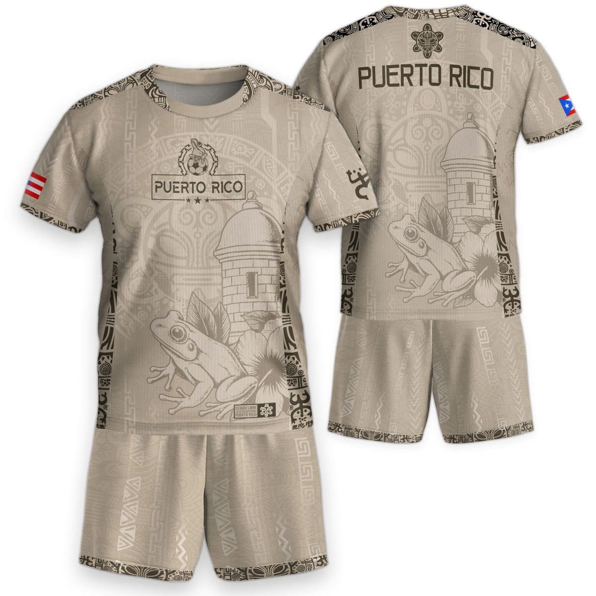 Kids Puerto Rico Soccer Jersey, Beige Gold Coqui Frog Floral for Boy and Girl, Youth Soccer Jersey Meets Puerto Rico Kids Soccer Jersey, Northryn Co.