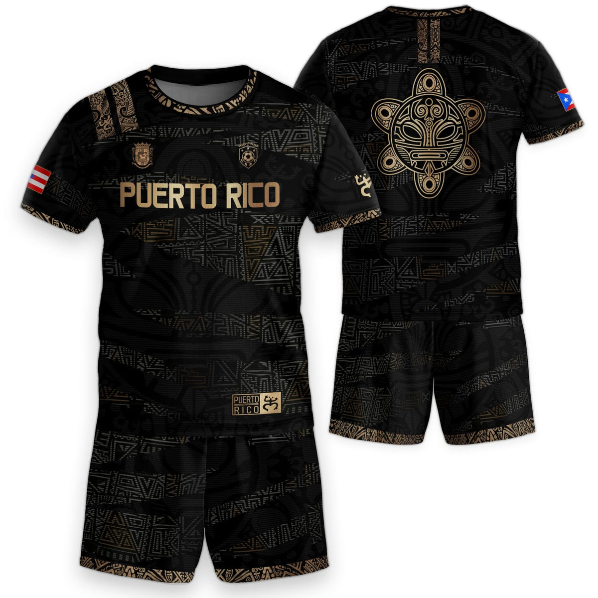 Kids Puerto Rico Soccer Jersey, Black Gold Taino Tribal Pattern for Boy and Girl, Youth Soccer Jersey and Puerto Rico Kids Soccer Jersey, Northryn Co.