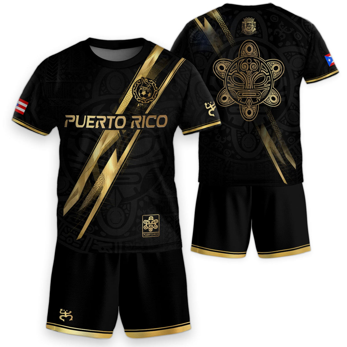 Kids Puerto Rico Soccer Jersey, Black Gold Lightning Graphic Taino for Boy and Girl, Youth Soccer Jersey, Puerto Rico Kids Soccer Jersey, Northryn Co.