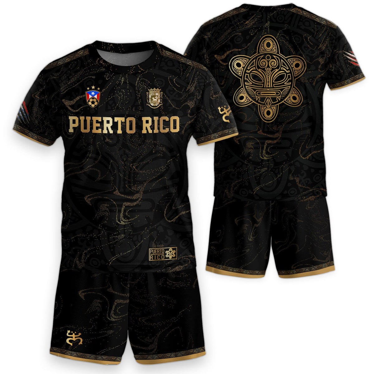 Kids Puerto Rico Soccer Jersey, Black Gold Abstract Taino Sun for Boy and Girl, Youth Soccer Jersey Meets Puerto Rico Kids Soccer Jersey, Northryn Co.