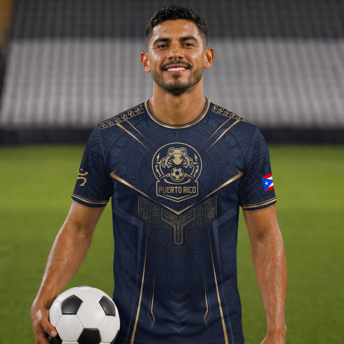 Coqui Frog Navy Gold Puerto Rico Soccer Jersey for Men and Women, Taino Crest Heritage, Top Puerto Rico Jersey and Puerto Rico Shirt, Northryn Co.