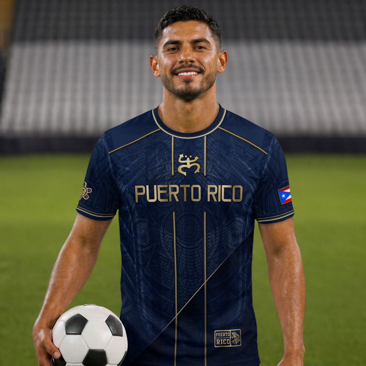 Puerto Rico Soccer Jersey in Elite Navy for Men and Women, Gold Taino Pattern Boricua Pride Top, Puerto Rico Jersey, Puerto Rico Shirt, Northryn Co.