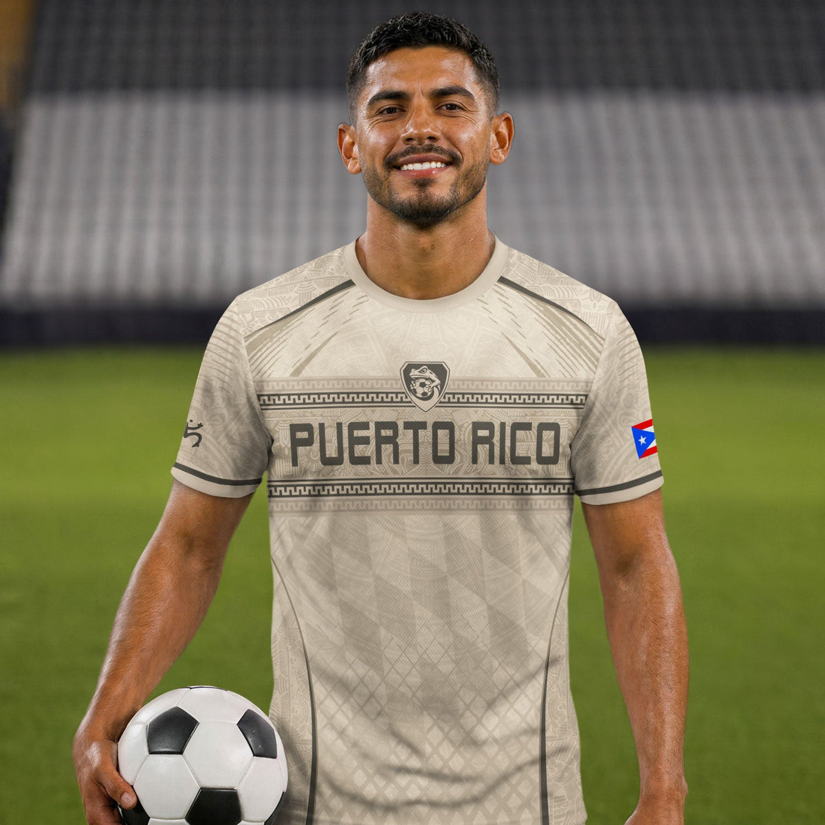 Puerto Rico Soccer Jersey for Men and Women, Beige Coqui Frog & Taino Tribal Pattern Art, Top Puerto Rico Jersey and Puerto Rico Shirt, Northryn Co.