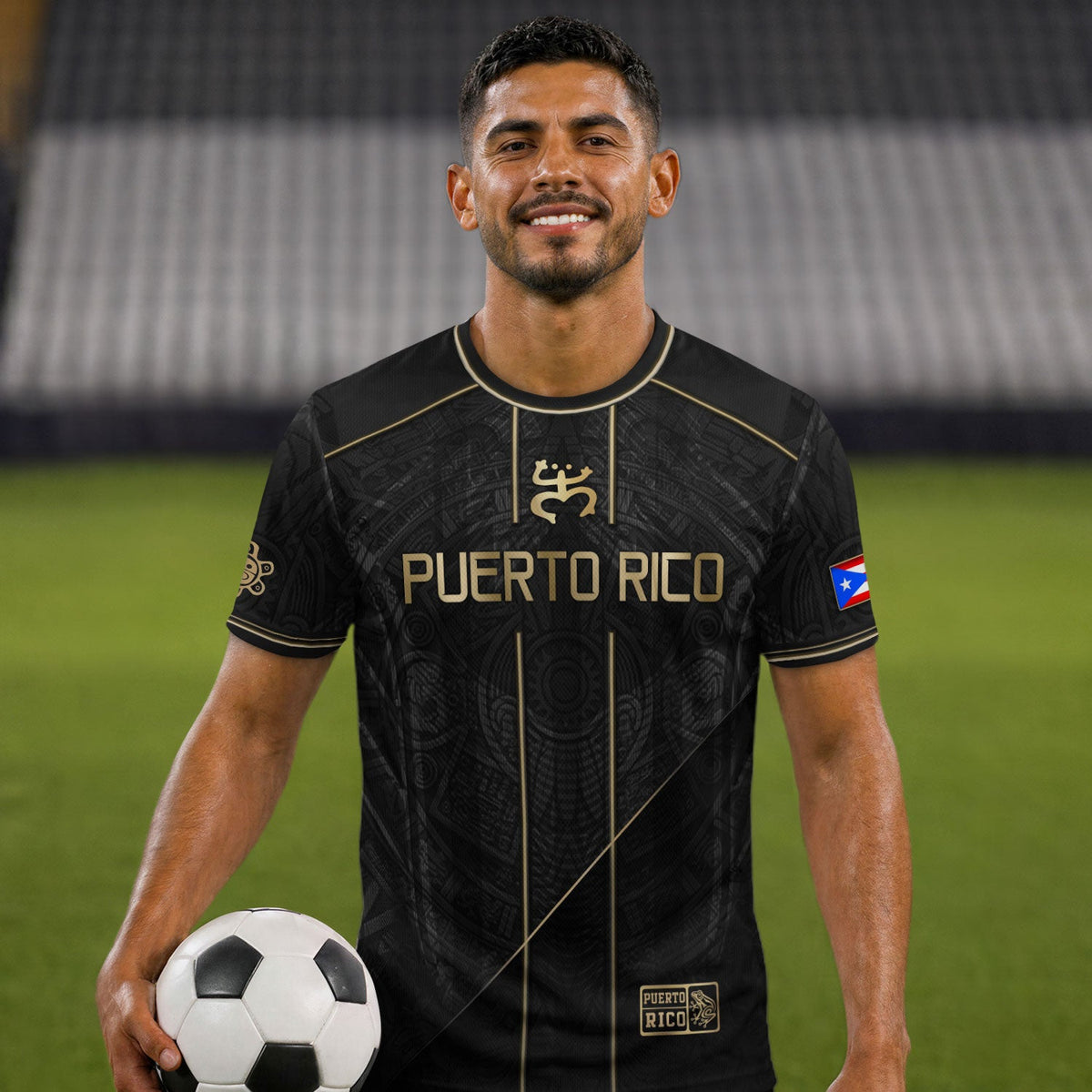 Puerto Rico Soccer Jersey with Taino Coquí for Men and Women, Black Gold Flag, Standout Puerto Rico Shirt with Puerto Rico Jersey Pride, Northryn Co.