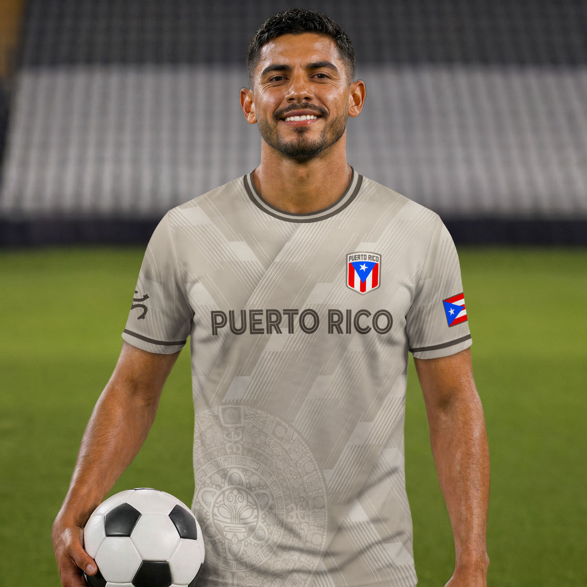Camiseta de fútbol con máscara taína boricua azul marino de Puerto Rico, bandera tribal, orgullo nacional