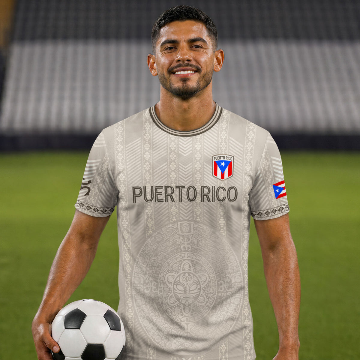 Taino Sun Crest Puerto Rico Soccer Jersey Men Beige Light Gray Heritage Graphic