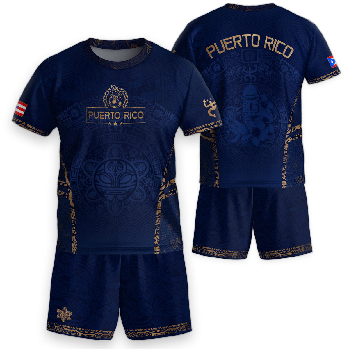 Puerto Rico Kids Soccer Jersey Shorts Set Navy Gold Boricua Taino Youth Football Outfit