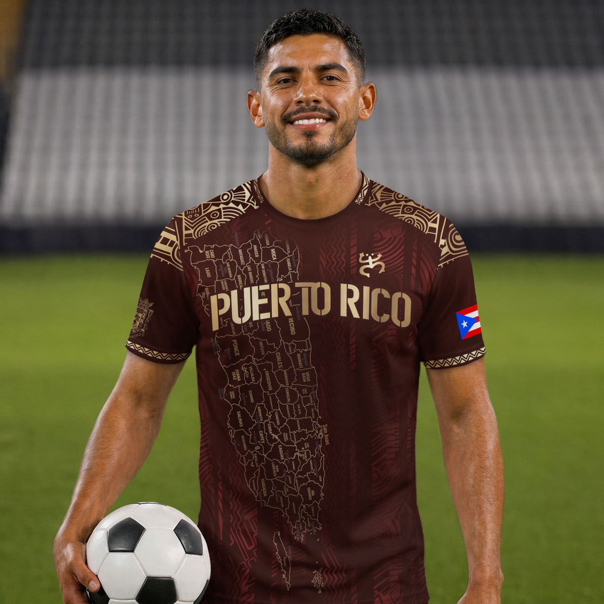 Puerto Rico Map Graphic Soccer Jersey Men Maroon Gold Boricua Taino Heritage Shirt