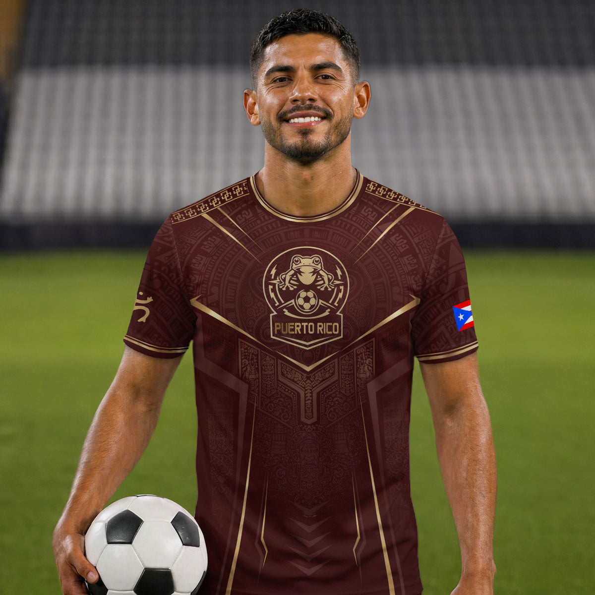 Camiseta de fútbol con máscara taína boricua azul marino de Puerto Rico, bandera tribal, orgullo nacional