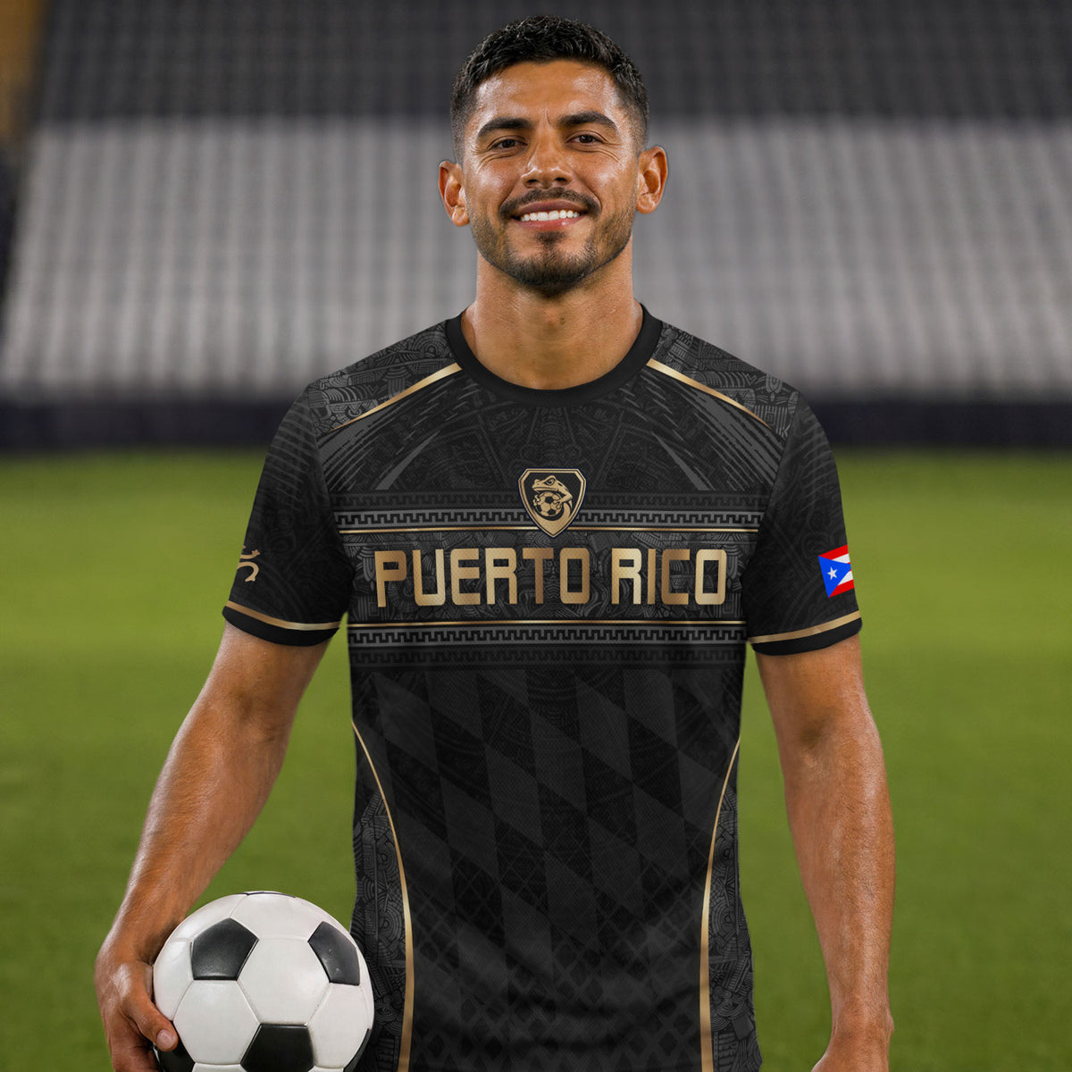 Puerto Rico Soccer Jersey Men Black Gold Taino Coqui Frog Culture Heritage Graphic