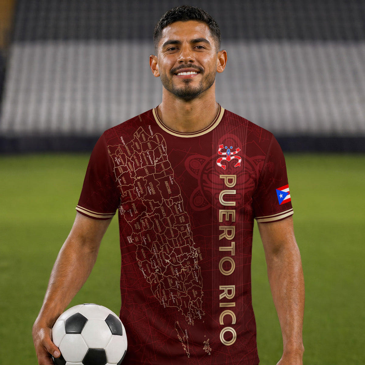 Camiseta de fútbol con máscara taína boricua azul marino de Puerto Rico, bandera tribal, orgullo nacional