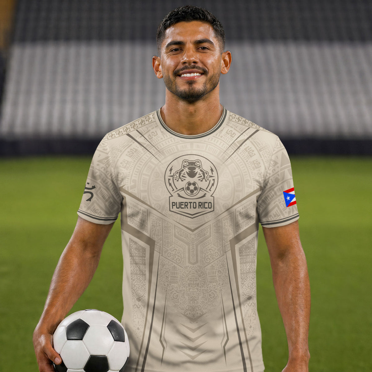 Puerto Rico Soccer Jersey Men Beige Taino Coqui Frog Heritage Patriotic Graphic Apparel