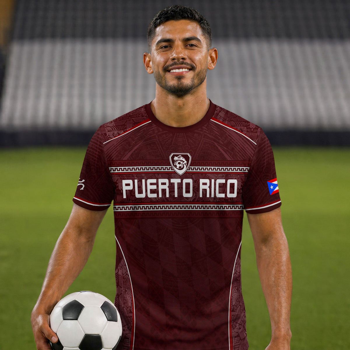 Camiseta de fútbol con máscara taína boricua azul marino de Puerto Rico, bandera tribal, orgullo nacional