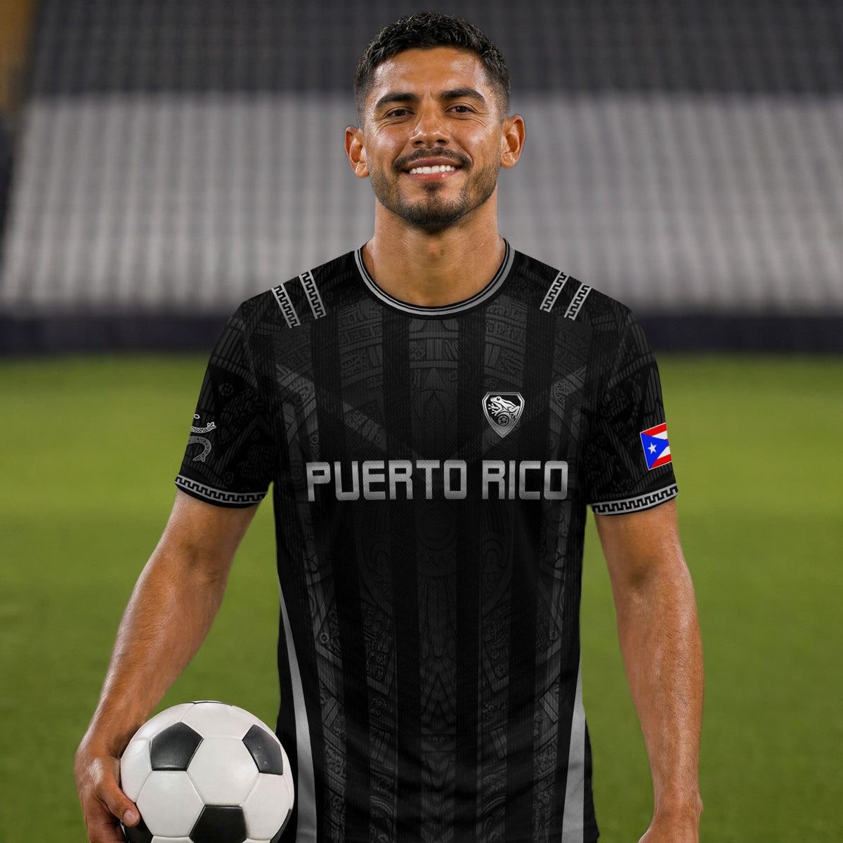 Puerto Rico Soccer Jersey Men Black Tribal Taino Pattern Coqui Frog Graphic