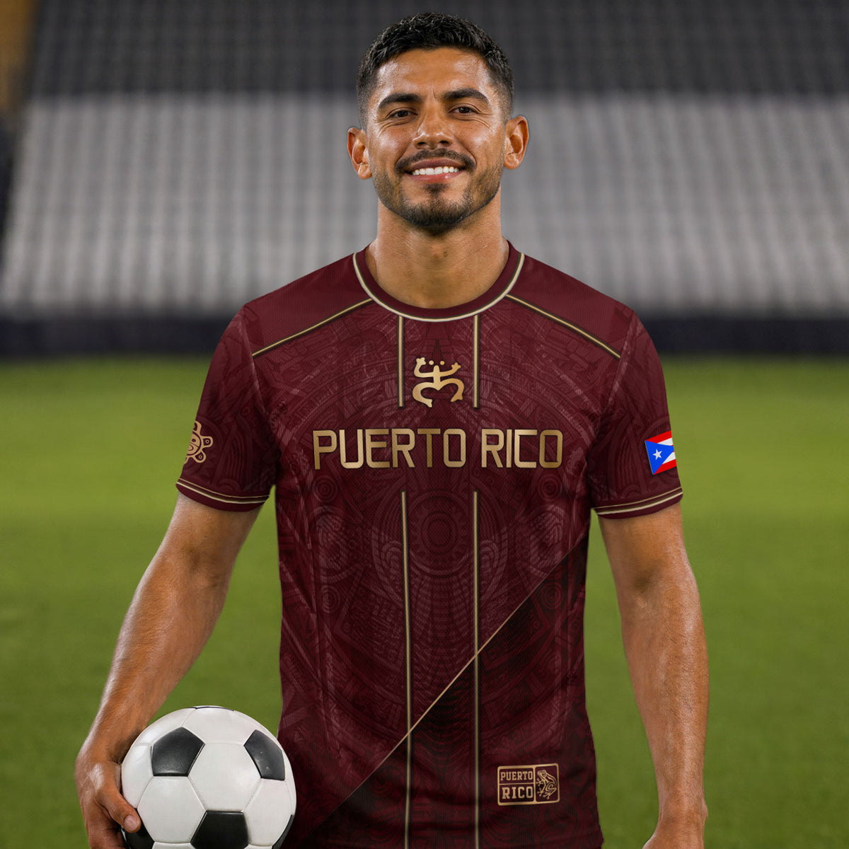 Camiseta de fútbol con máscara taína boricua azul marino de Puerto Rico, bandera tribal, orgullo nacional