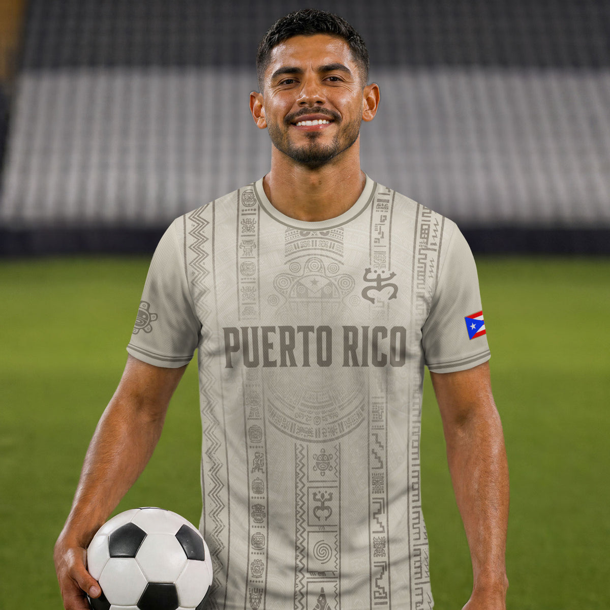 Camiseta de fútbol con máscara taína boricua azul marino de Puerto Rico, bandera tribal, orgullo nacional