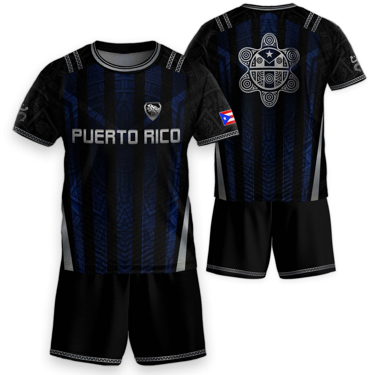 Navy Blue, Kids Puerto Rico Soccer Jersey with Striped Taino for Boy and Girl, Puerto Rico Kids Soccer Jersey Meets Youth Soccer Jersey, Northryn Co.