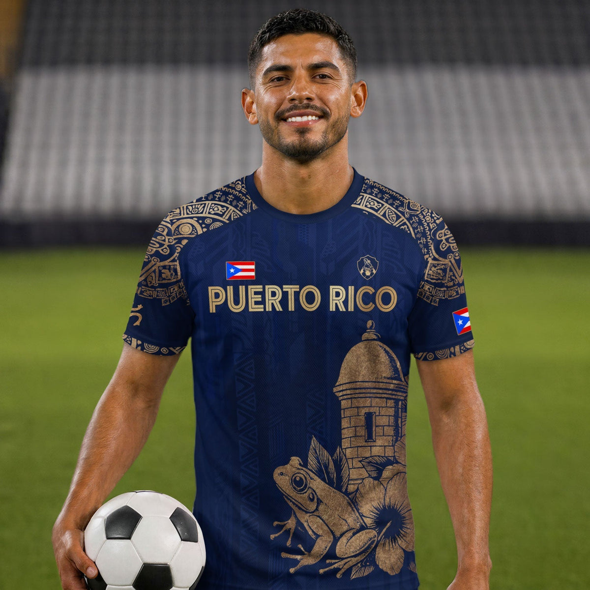 Puerto Rico Soccer Jersey in Navy Gold for Men and Women, Coqui Frog Garita Flower National, Puerto Rico Jersey and Puerto Rico Shirt, Northryn Co.