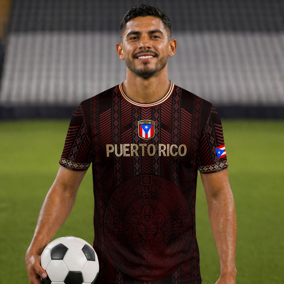 Flag Maroon Gold Puerto Rico Soccer Jersey for Men and Women, Tribal Print National Sport, Top Puerto Rico Shirt and Puerto Rico Jersey, Northryn Co.
