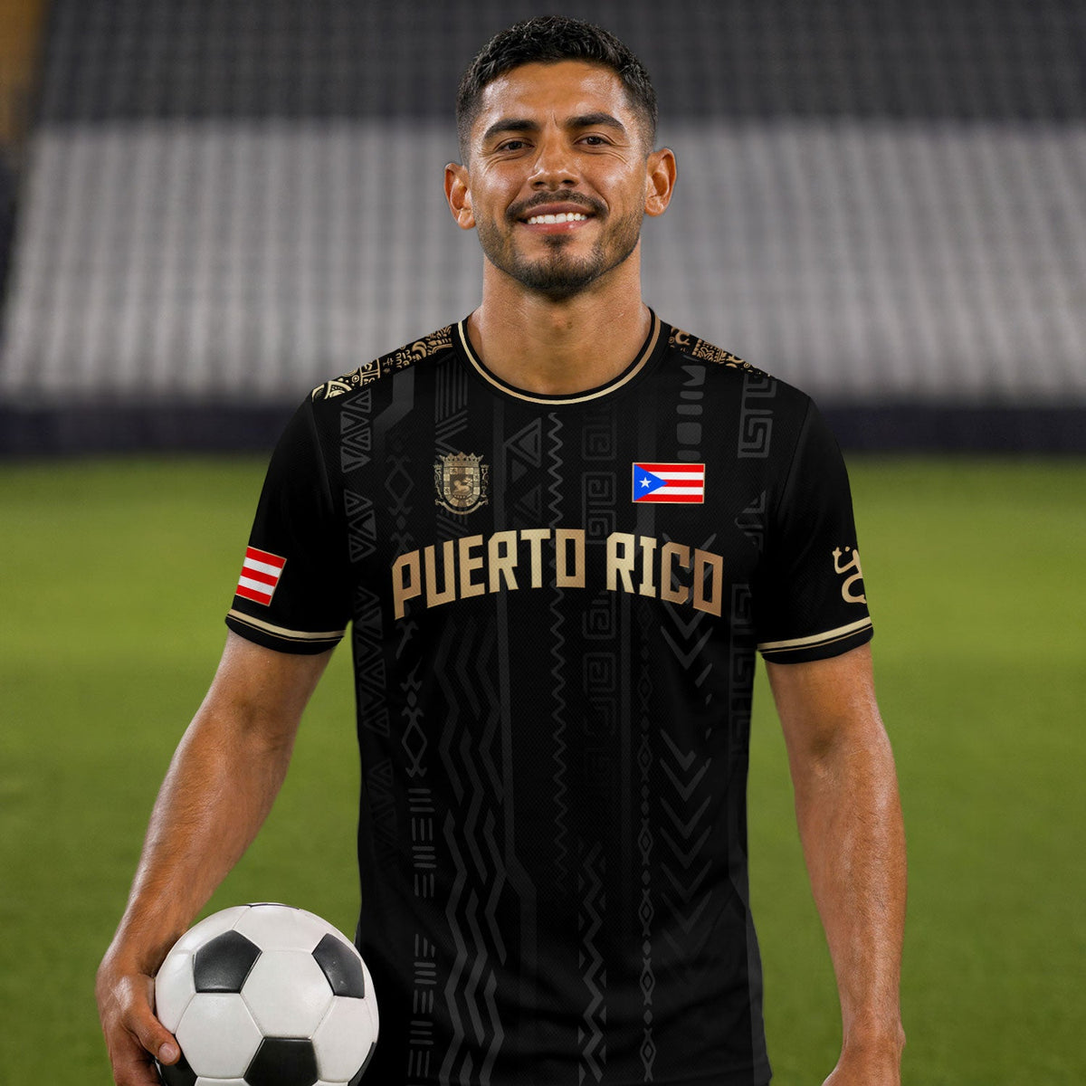Taino Sun Black Gold Puerto Rico Soccer Jersey for Men and Women, Coqui Patriotic Cultural, Top Puerto Rico Jersey and Puerto Rico Shirt, Northryn Co.