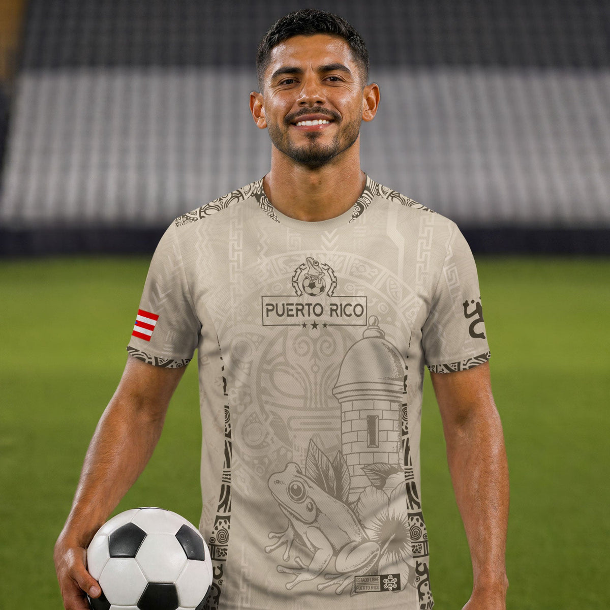 Puerto Rico Soccer Jersey for Men and Women, Beige Gold Coqui Frog Floral Garita Taino Sun, Top Puerto Rico Jersey and Puerto Rico Shirt, Northryn Co.