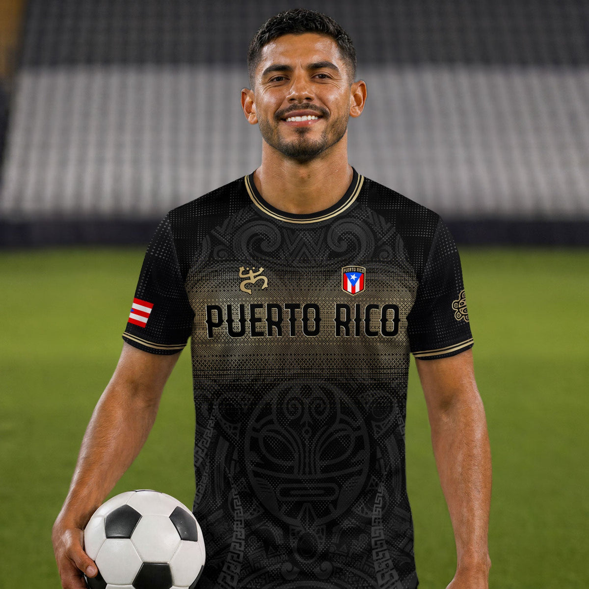 Puerto Rico Soccer Jersey with Coqui Frog for Men and Women, Taino Tribal National Black Gold, Puerto Rico Shirt and Puerto Rico Jersey, Northryn Co.