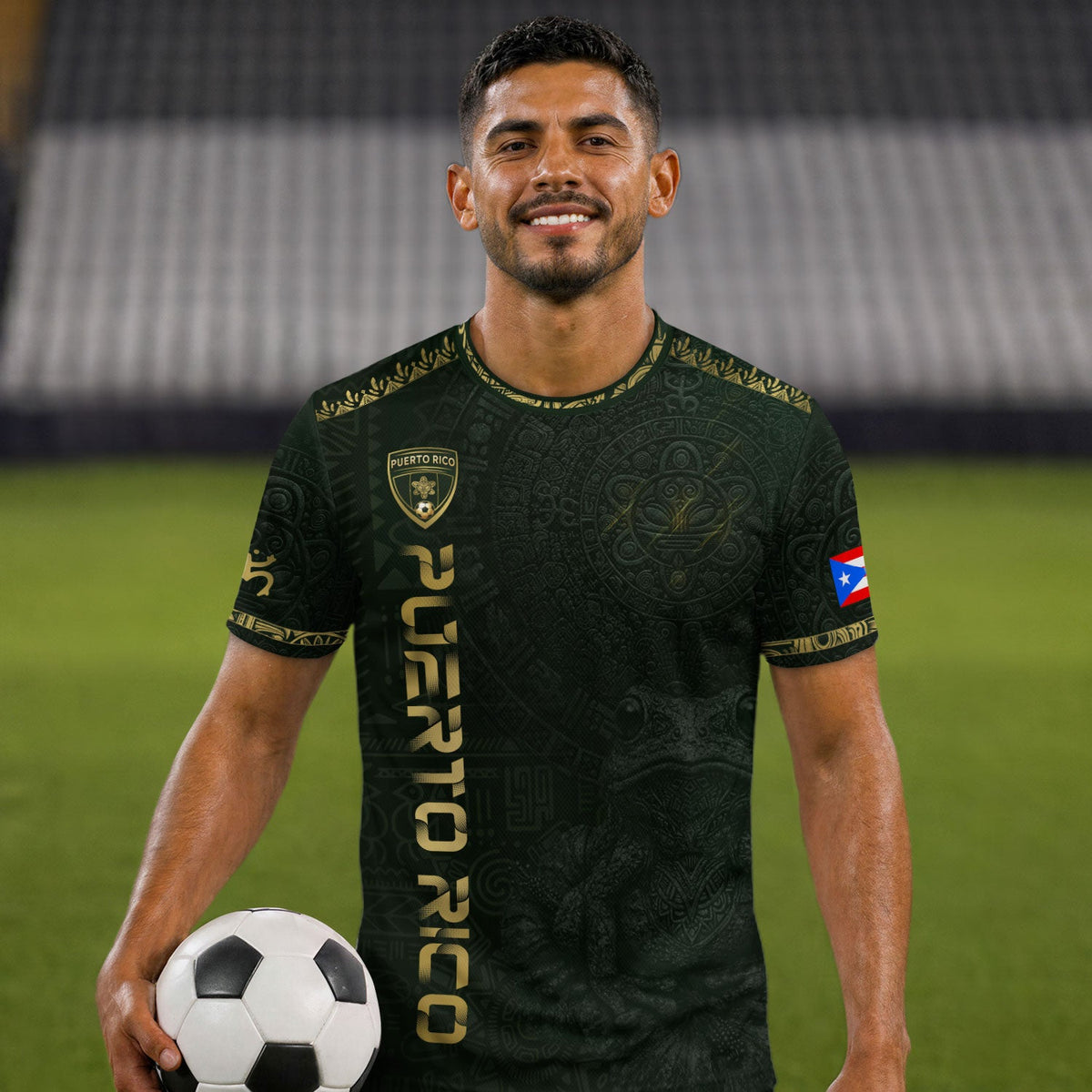 Puerto Rico Soccer Jersey in Green Gold for Men and Women, Coqui Frog Taino Sun Heritage, Top Puerto Rico Shirt and Puerto Rico Jersey, Northryn Co.