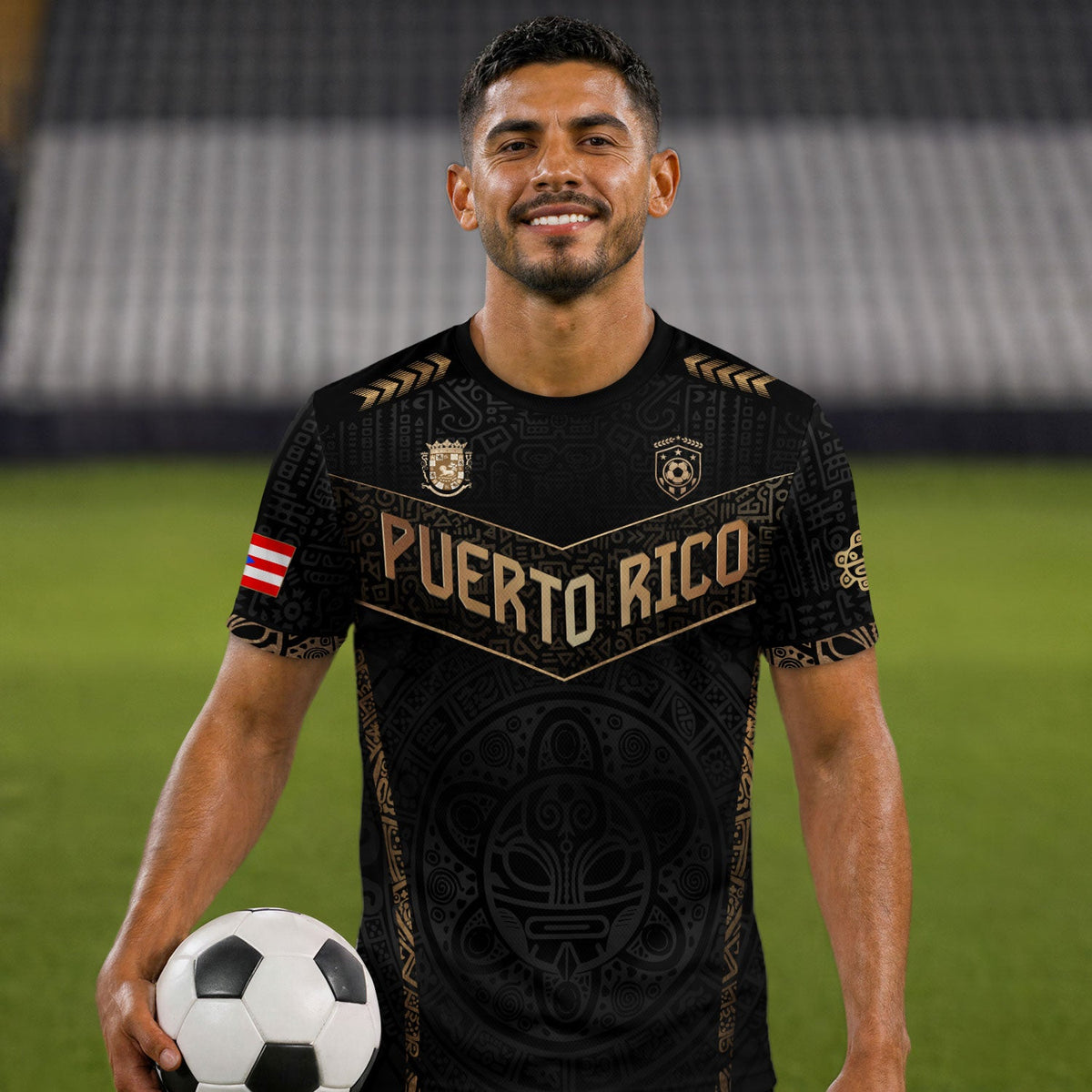 Puerto Rico Soccer Jersey in Black Gold for Men and Women, - Coquí Frog & Taino Sun - V-Shape, Puerto Rico Shirt and Puerto Rico Jersey, Northryn Co.