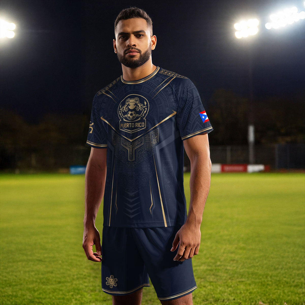 Coqui Frog Navy Gold Puerto Rico Soccer Jersey for Men and Women, Taino Crest Heritage, Top Puerto Rico Jersey and Puerto Rico Shirt, Northryn Co.
