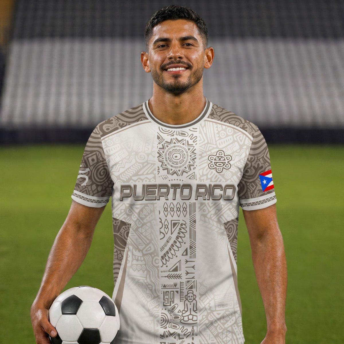 Boricua Pride White Puerto Rico Soccer Jersey for Men and Women, Tribal Pattern, Best Puerto Rico Shirt with Puerto Rico Jersey Style, Northryn Co.