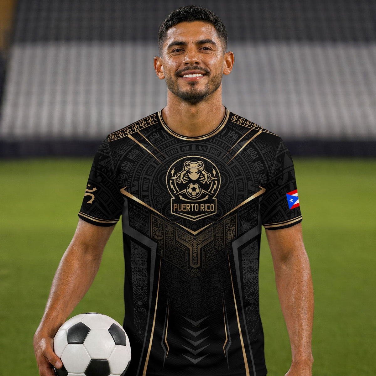 Taino Sun Black Gold Puerto Rico Soccer Jersey for Men and Women, Coquí Frog Crest - Tribal, Puerto Rico Shirt and Puerto Rico Jersey, Northryn Co.