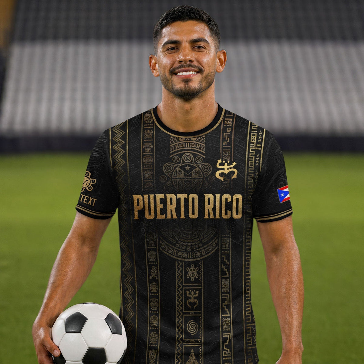 Custom Puerto Rico Soccer Jersey, Black Gold Taino Petroglyph, Puerto Rico Shirt for Men and Women as a Personalized Football Jersey, Northryn Co.