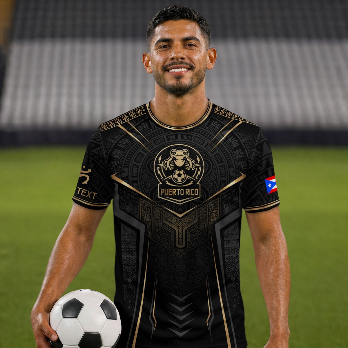 Bold Black Gold Coqui, Custom Puerto Rico Soccer Jersey for Men and Women with Taino, Personalized Football Jersey, Puerto Rico Shirt, Northryn Co.