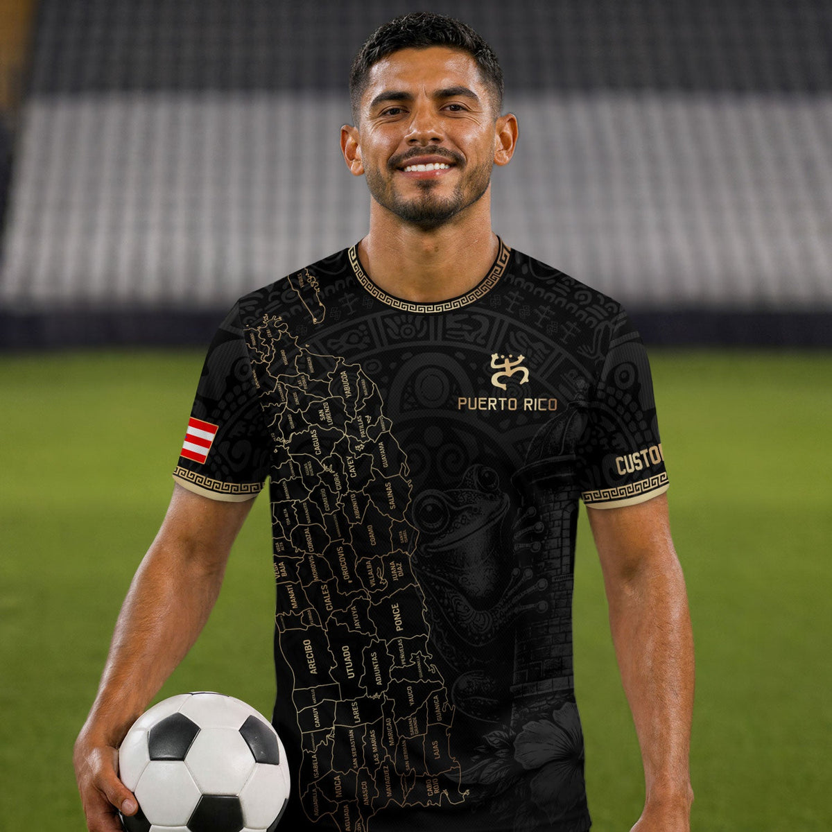Custom Puerto Rico Soccer Jersey, Black Gold Towns Map Coqui Frog, Puerto Rico Shirt for Men and Women as a Personalized Football Jersey, Northryn Co.