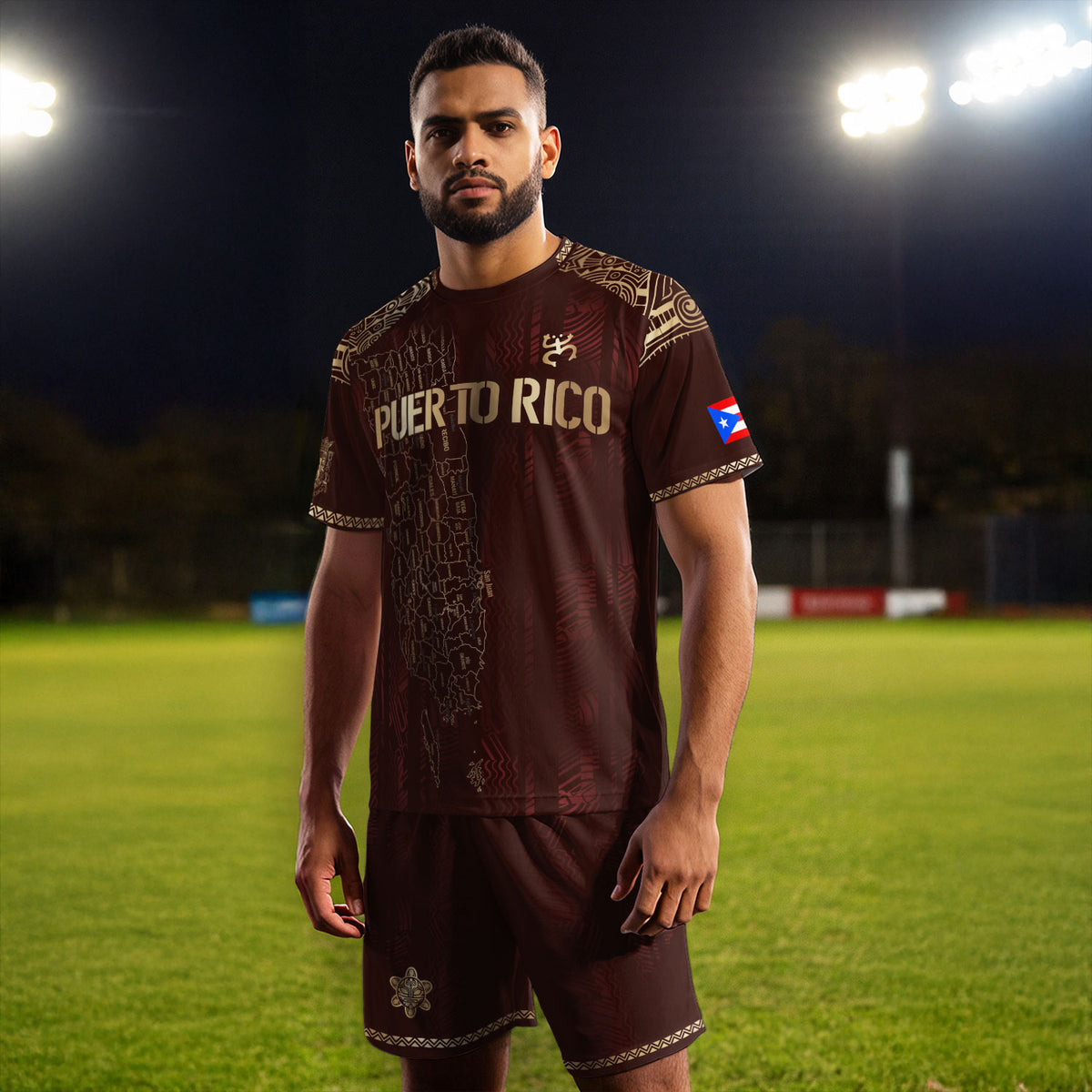 Puerto Rico Map Graphic Soccer Jersey Men Maroon Gold Boricua Taino Heritage Shirt