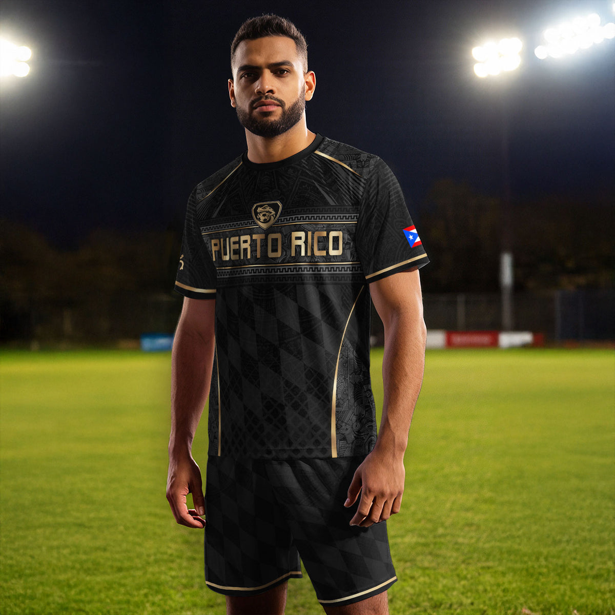 Puerto Rico Soccer Jersey Men Black Gold Taino Coqui Frog Culture Heritage Graphic