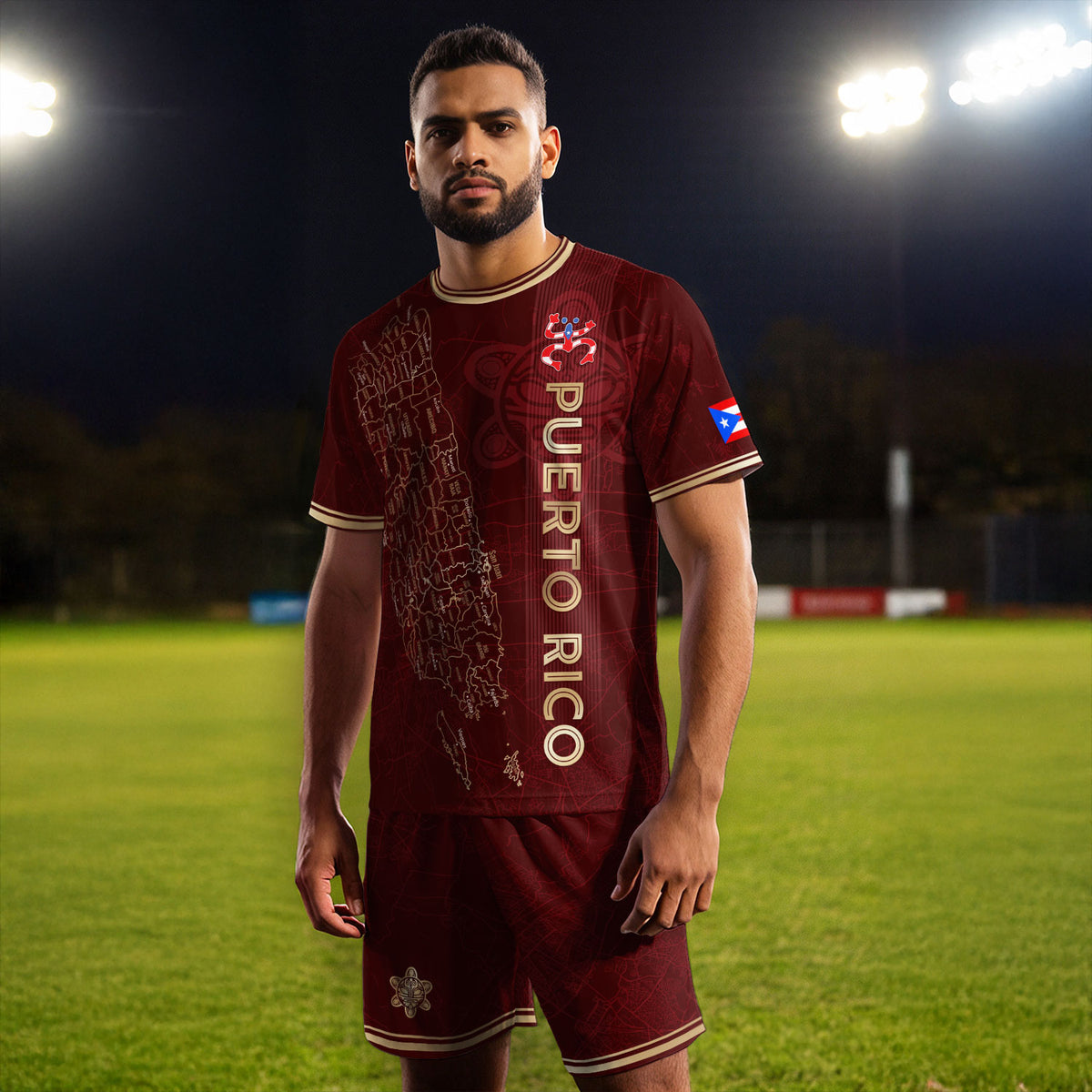 Camiseta de fútbol con máscara taína boricua azul marino de Puerto Rico, bandera tribal, orgullo nacional