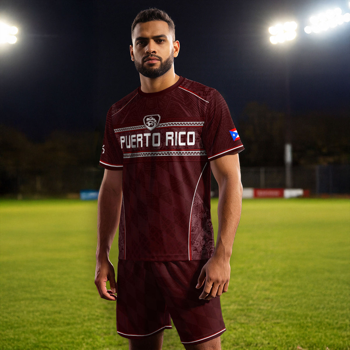 Camiseta de fútbol con máscara taína boricua azul marino de Puerto Rico, bandera tribal, orgullo nacional
