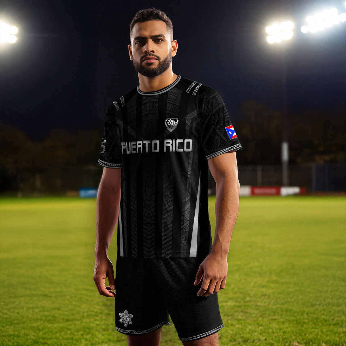 Puerto Rico Soccer Jersey Men Black Tribal Taino Pattern Coqui Frog Graphic