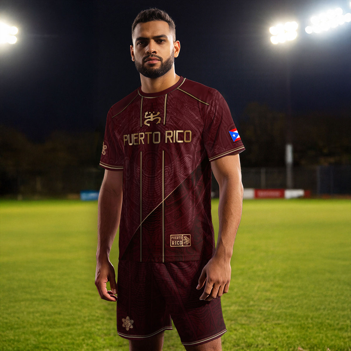 Camiseta de fútbol con máscara taína boricua azul marino de Puerto Rico, bandera tribal, orgullo nacional
