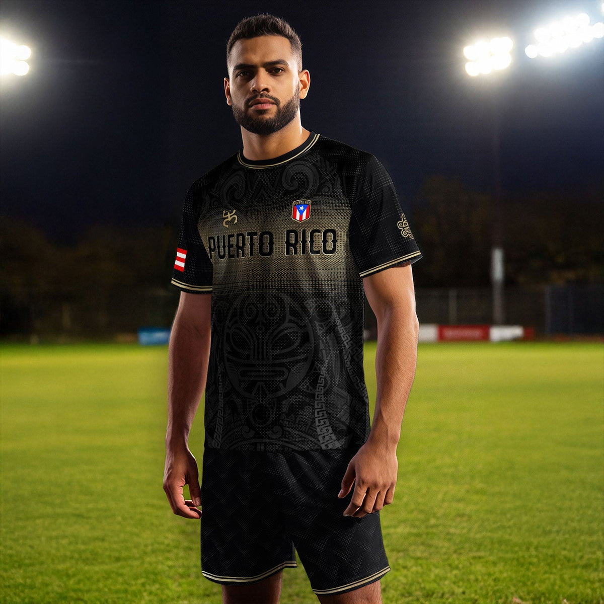 Puerto Rico Soccer Jersey with Coqui Frog for Men and Women, Taino Tribal National Black Gold, Puerto Rico Shirt and Puerto Rico Jersey, Northryn Co.