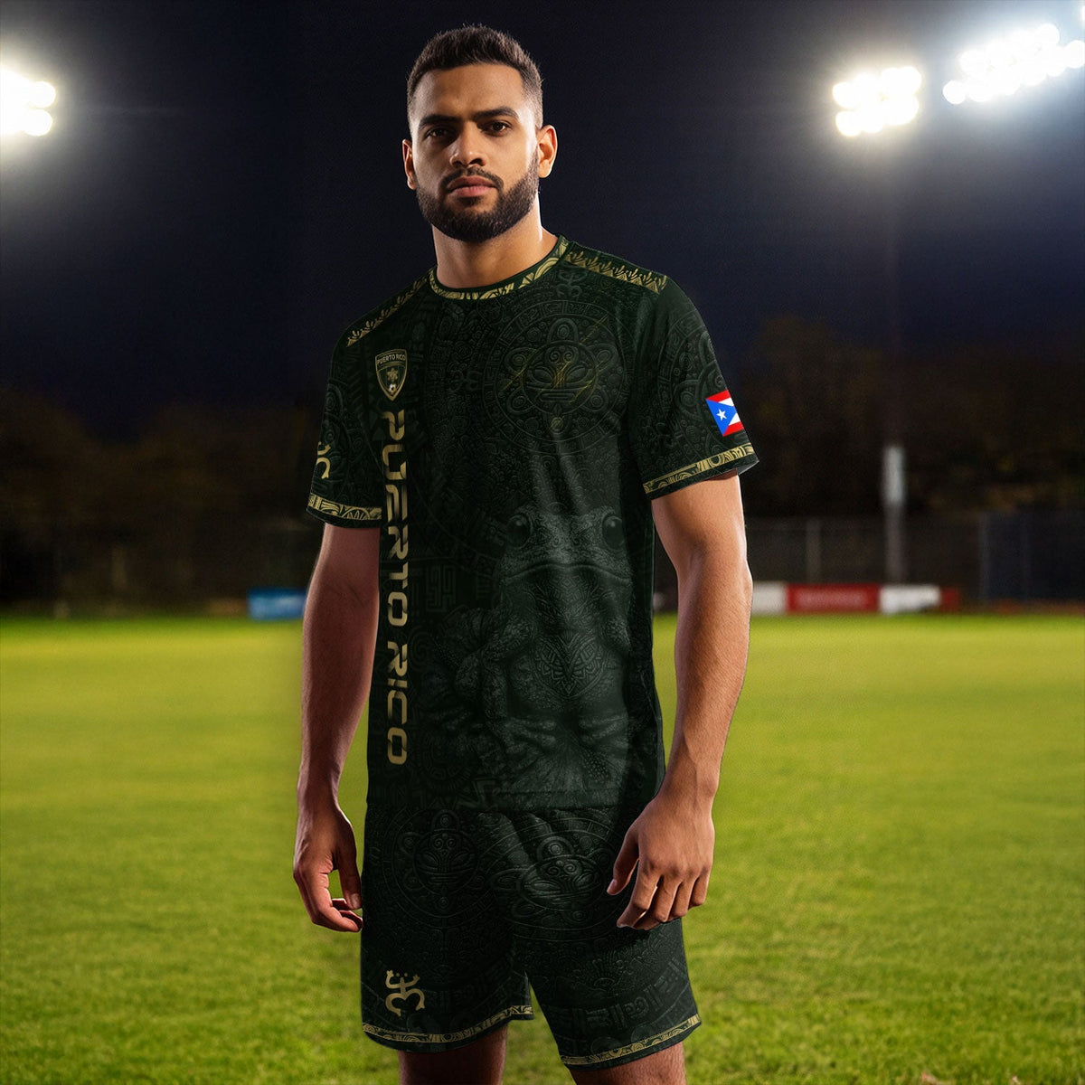 Puerto Rico Soccer Jersey in Green Gold for Men and Women, Coqui Frog Taino Sun Heritage, Top Puerto Rico Shirt and Puerto Rico Jersey, Northryn Co.