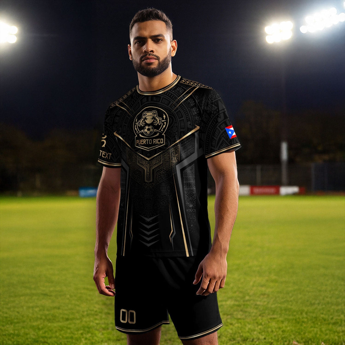 Bold Black Gold Coqui, Custom Puerto Rico Soccer Jersey for Men and Women with Taino, Personalized Football Jersey, Puerto Rico Shirt, Northryn Co.