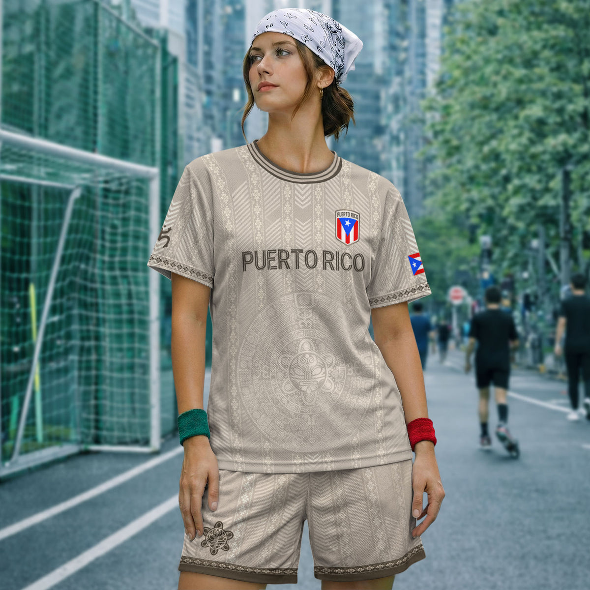 Taino Sun Crest Puerto Rico Soccer Jersey Men Beige Light Gray Heritage Graphic