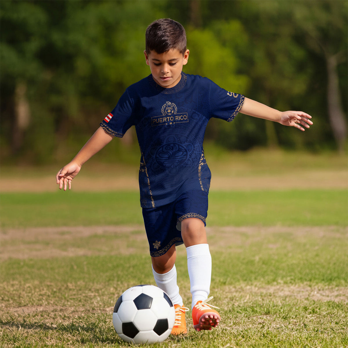 Puerto Rico Kids Soccer Jersey Shorts Set Navy Gold Boricua Taino Youth Football Outfit